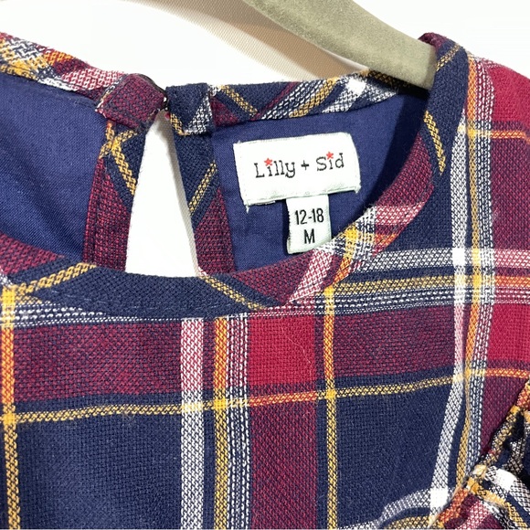 Lilly & Sid 12-18 mo Fall Plaid A Line Ruffle Dress Burgandy Navy & Gold Autumn - Picture 2 of 6